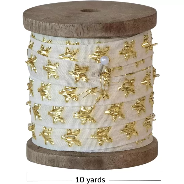 imageCreative CoOp 10Yard Fabric Ribbon on Wood Spool with Metallic Stars Natural and Gold