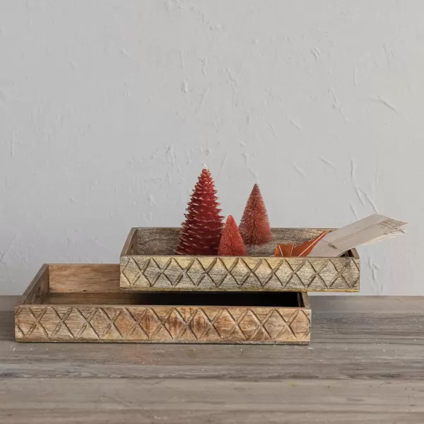 imageCreative CoOp Decorative Carved Mango Wood Trays with Handles and Diamond Pattern Natural Set of 2