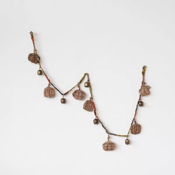 imageCreative CoOp Decorative HandWoven Mlange Fabric Pumpkin and Metal Bell Garland Multicolor and Antique Gold Finish