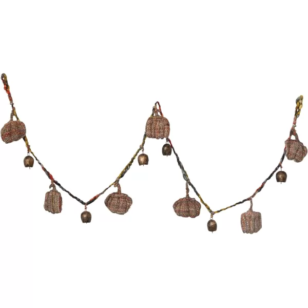 imageCreative CoOp Decorative HandWoven Mlange Fabric Pumpkin and Metal Bell Garland Multicolor and Antique Gold Finish