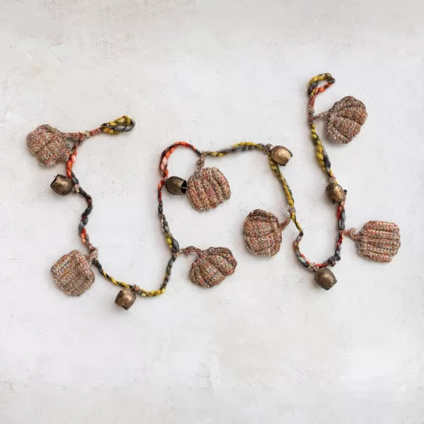 imageCreative CoOp Decorative HandWoven Mlange Fabric Pumpkin and Metal Bell Garland Multicolor and Antique Gold Finish