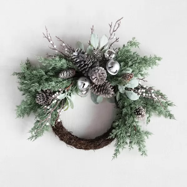imageCreative CoOp Faux Juniper and Mixed Evergreen Wreath with Silver Jingle Bells Pinecones and Berries