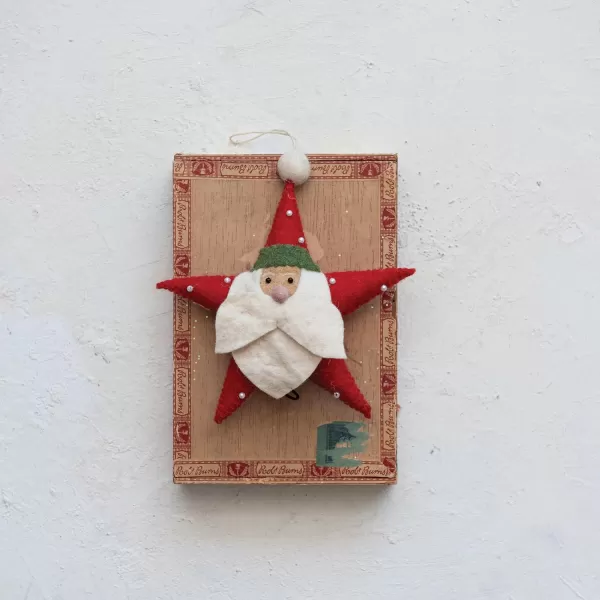 imageCreative CoOp Handmade Wool Felt Santa Head Star Ornament with Applique and Pom Pom Multicolor
