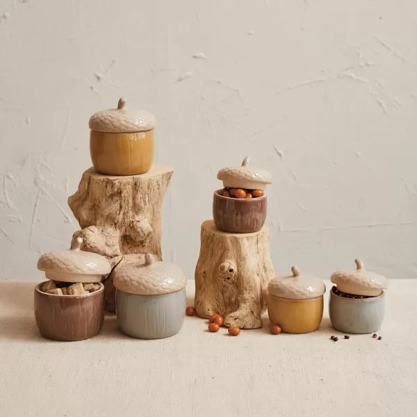 imageCreative CoOp Large Multicolor Stoneware Acorn Shaped Jar with Lid Set of 3