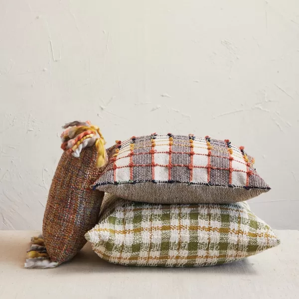 imageCreative CoOp Multicolor Square Woven Cotton Blend Pillow with Knots Plaid