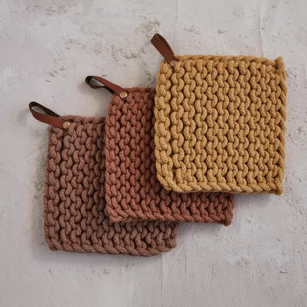 imageCreative CoOp Square Cotton Crocheted Pot Holder with Leather Loop Multicolor Set of 3