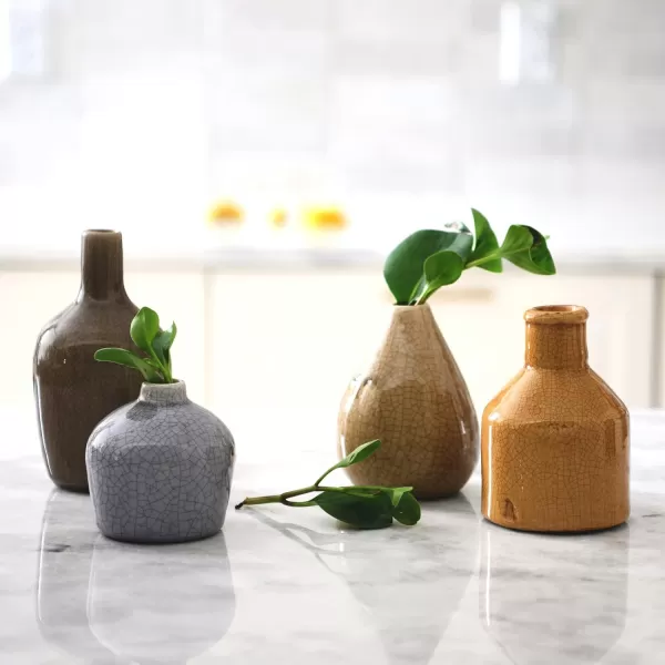 imageCreative CoOp Stoneware Bud Vases in Crackle Glaze GreyMustard Tones Set of 4BeigeMustards