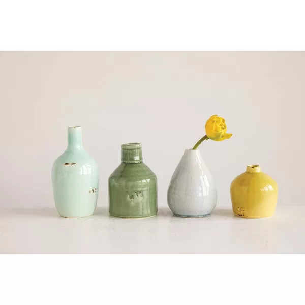 imageCreative CoOp Stoneware Bud Vases in Crackle Glaze GreyMustard Tones Set of 4BlueGreens