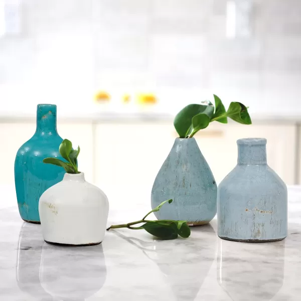 imageCreative CoOp Stoneware Bud Vases in Crackle Glaze GreyMustard Tones Set of 4WhiteBlues