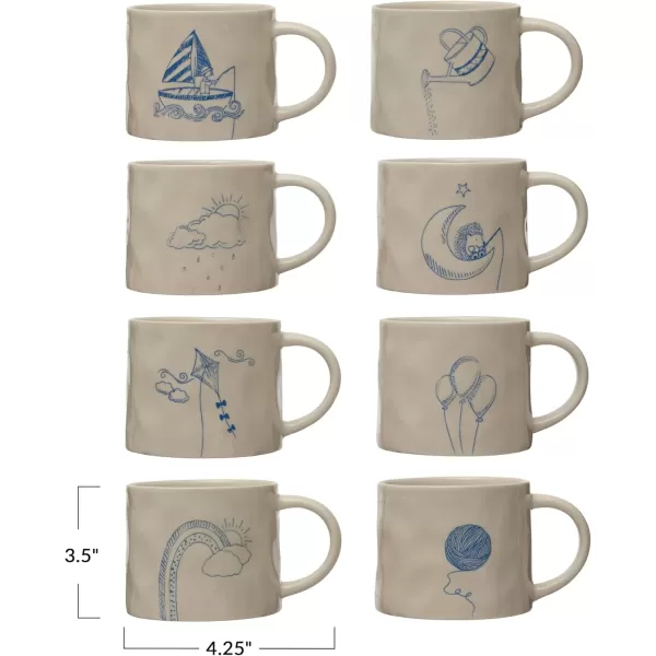 imageCreative CoOp Stoneware Wax Relief Illustration and Secret Image on Bottom Cream and Blue Set of 8 Styles Mugs Multi