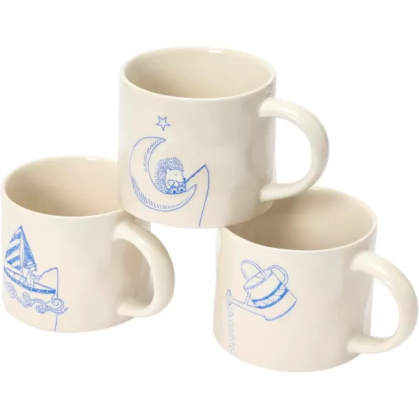 imageCreative CoOp Stoneware Wax Relief Illustration and Secret Image on Bottom Cream and Blue Set of 8 Styles Mugs Multi