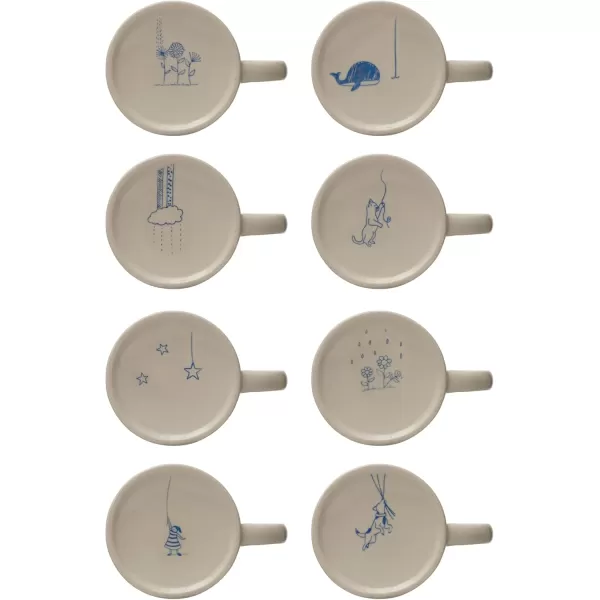 imageCreative CoOp Stoneware Wax Relief Illustration and Secret Image on Bottom Cream and Blue Set of 8 Styles Mugs Multi