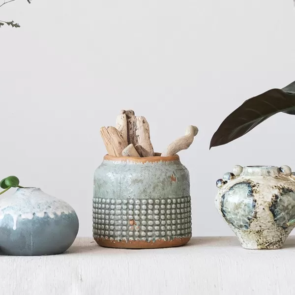 imageCreative CoOp Terracotta Hobnail Planter with Organically Shaped Edge Distressed Light Blue