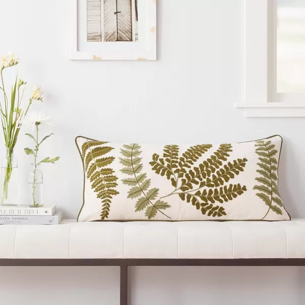imageCreative CoOp White Rectangle Cotton Pillow with Embroidered Green Ferns