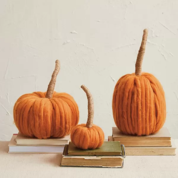 imageCreative CoOp Wide Wool Pumpkin with Jute Wrapped Stem Orange
