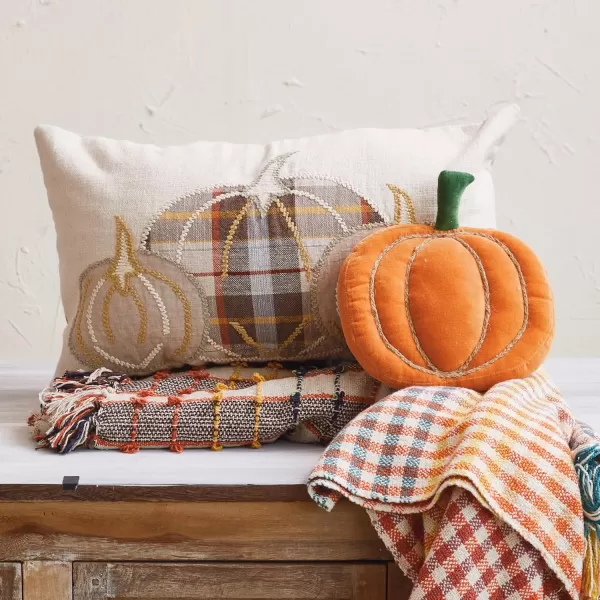 imageCreative CoOp Woven Cotton Velvet Pumpkin Shaped Pillow with Jute Rope Embroidery Orange Green