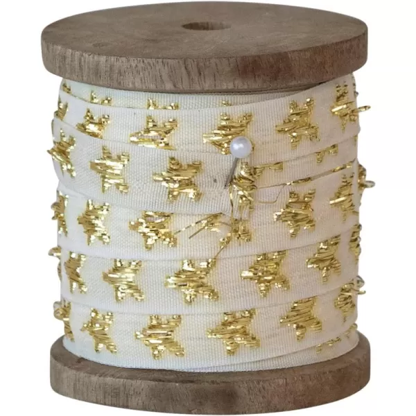 imageCreative CoOp 10Yard Fabric Ribbon on Wood Spool with Metallic Stars Natural and Gold