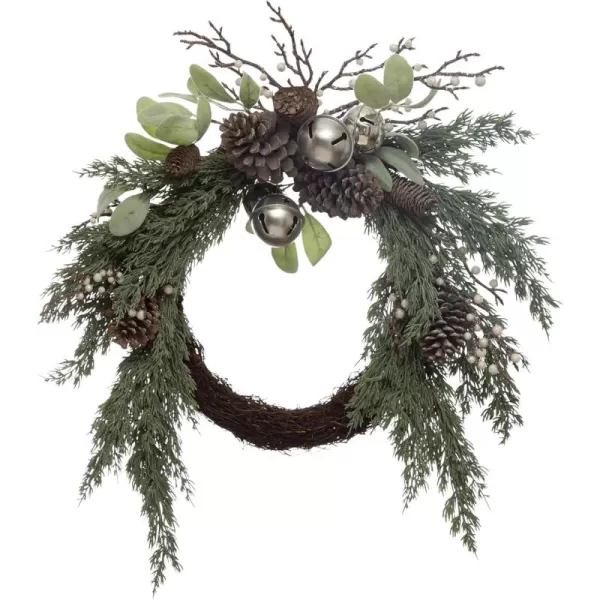 imageCreative CoOp Faux Juniper and Mixed Evergreen Wreath with Silver Jingle Bells Pinecones and Berries