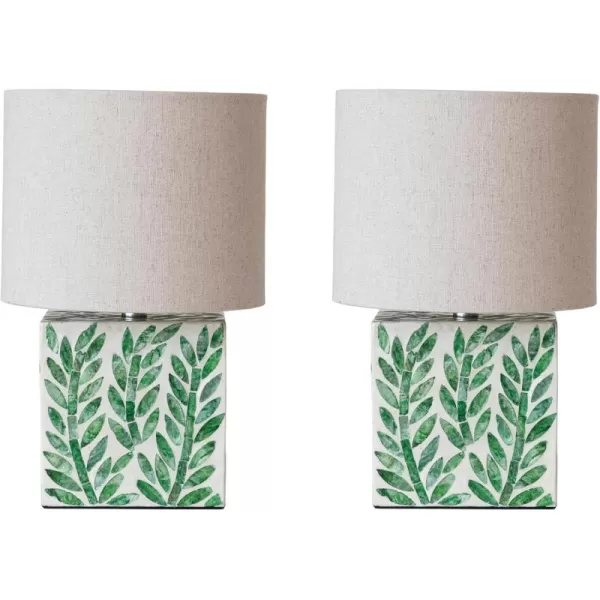 imageCreative CoOp Reclaimed Wood and Shell Table Lamp with Botanical Pattern and Linen Shade Green Set of 2