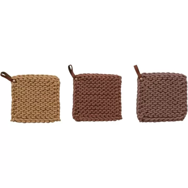 imageCreative CoOp Square Cotton Crocheted Pot Holder with Leather Loop Multicolor Set of 3