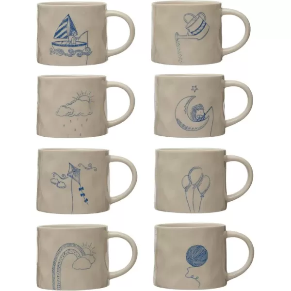 imageCreative CoOp Stoneware Wax Relief Illustration and Secret Image on Bottom Cream and Blue Set of 8 Styles Mugs Multi