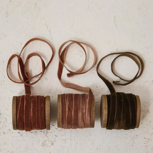 imageCreative CoOp 10 Yard Velvet Ribbon on Wood Spool Set of 3 ColorsBrown  Blush  Rose