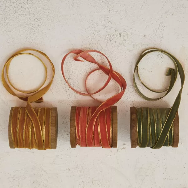 imageCreative CoOp 10 Yard Velvet Ribbon on Wood Spool Set of 3 ColorsGreen  Gold  Coral