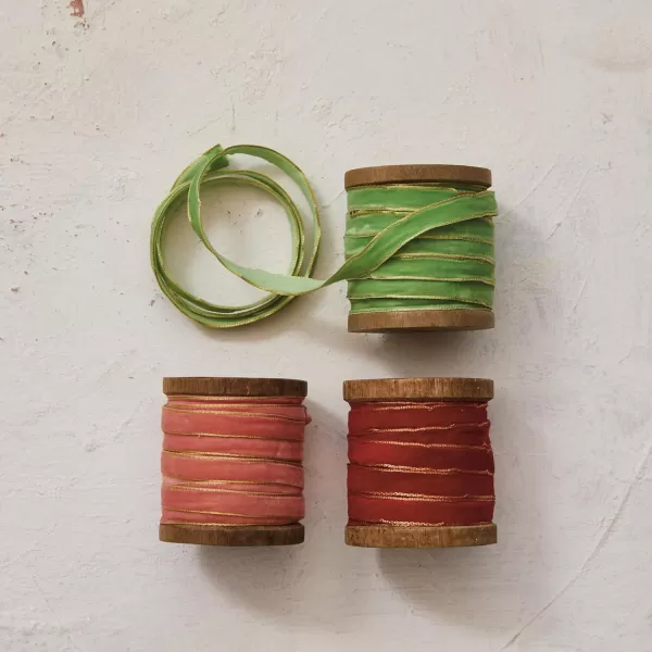 imageCreative CoOp 10 Yard Velvet Ribbon on Wood Spool Set of 3 ColorsRed  Pink  Green