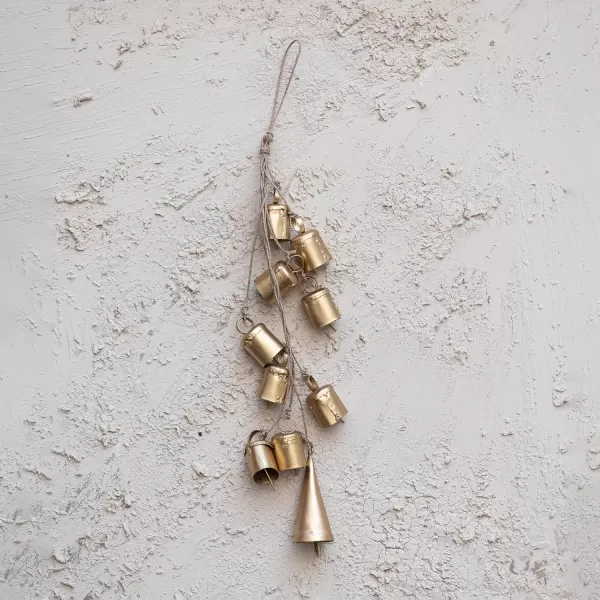 imageCreative CoOp 13quot H Handmade Hanging Metal Bells on Jute Rope Gold Finish