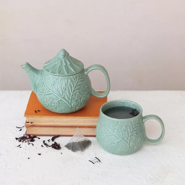 imageCreative CoOp 16 oz Embossed Stoneware Mug with Botanicals and Reactive Glaze Sage
