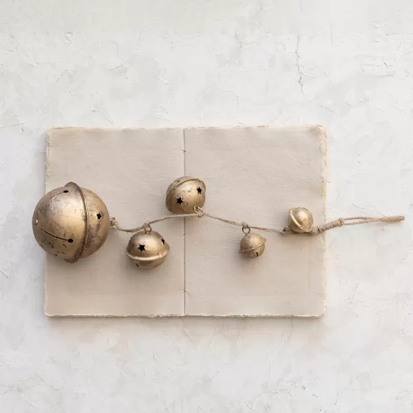 imageCreative CoOp 16quot H Hanging Metal Bells with Star CutOuts on Braided Jute Rope Antique Gold Finish