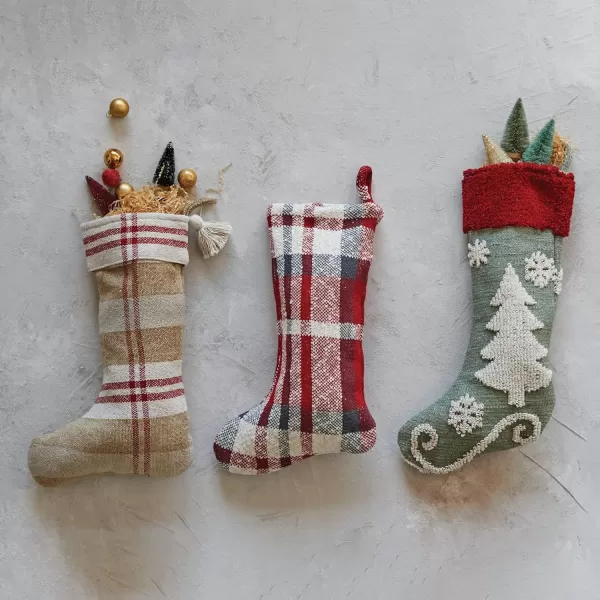 imageCreative CoOp 20 H Cotton Knit Stocking wChenille Tree ampamp Snowflakes Red Green ampamp Cream Color