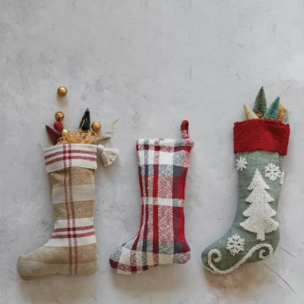 imageCreative CoOp 20 H Recycled Chenille ampamp Cotton Stocking wTassel Red Cream ampamp Tan Color Plaid