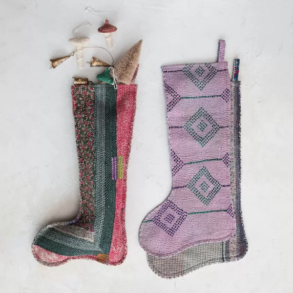 imageCreative CoOp 24quot H Found Cotton Bengali Rali Kantha Quilt Stocking Multi Color Each One Will Vary