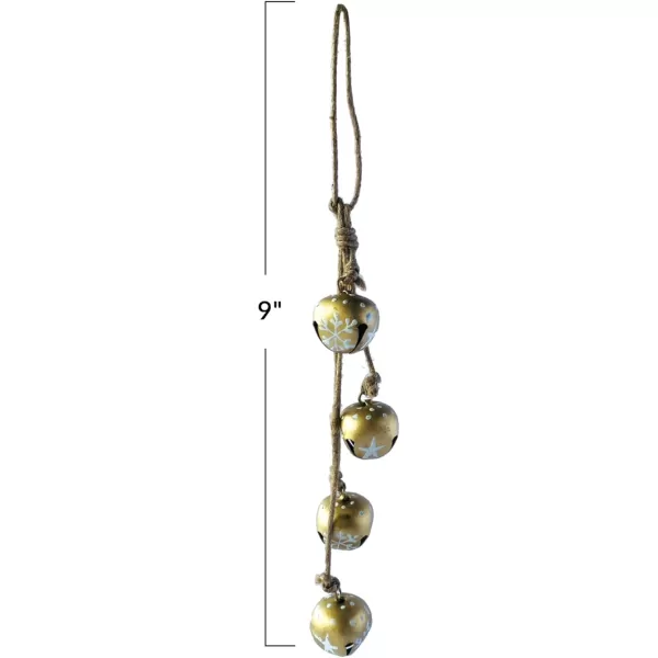 imageCreative CoOp 9quot H Hanging Metal Jingle Bells with HandPainted StarsSnowflakes on Jute Rope Hanger Gold Finish White and Natural