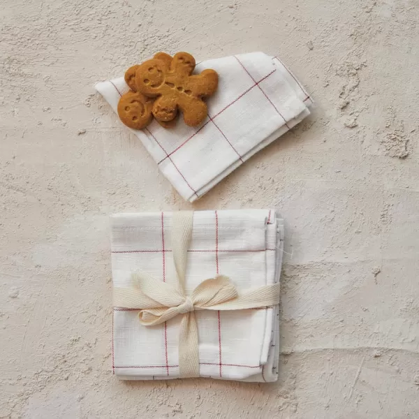 imageCreative CoOp Cotton Cocktail Napkins with Metallic Grid Cream and Red Set of 4
