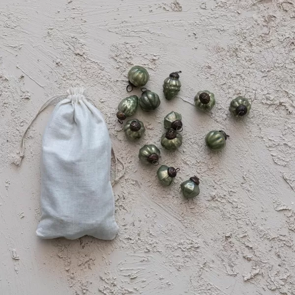 imageCreative CoOp Embossed Mercury Glass Ornaments in Muslin Bag Green and Gold Set of 36Olive Green