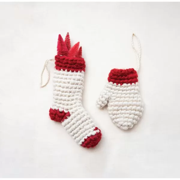 imageCreative CoOp Fabric Crocheted Mitten Stocking Cream and Red