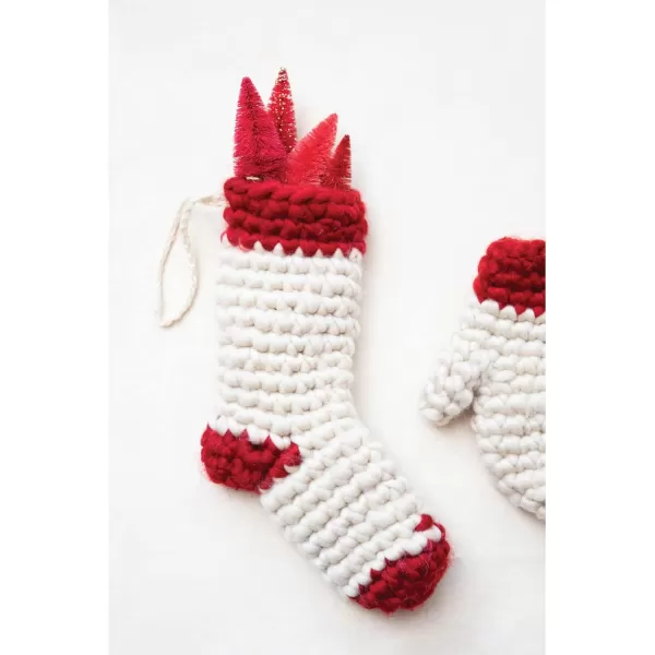 imageCreative CoOp Fabric Crocheted Mitten Stocking Cream and Red