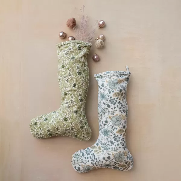 imageCreative CoOp Green and Cream Cotton Velvet Printed Stocking with Floral Pattern Color
