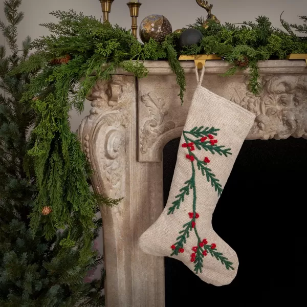 imageCreative CoOp Green and Red Woven Cotton and Jute Stocking with Embroidered Holly and Berries Natural