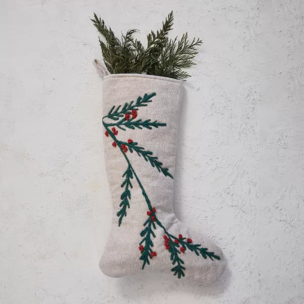imageCreative CoOp Green and Red Woven Cotton and Jute Stocking with Embroidered Holly and Berries Natural