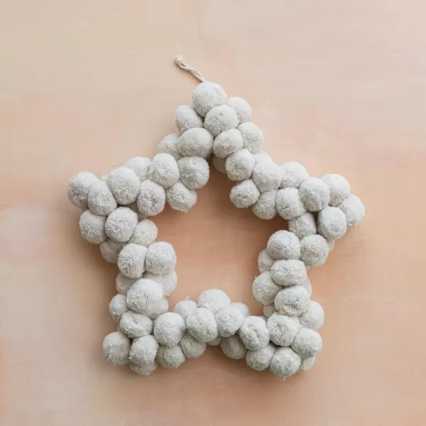 imageCreative CoOp Handmade Metal and Wool Pom Pom Star Shaped Wreath Natural