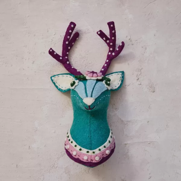 imageCreative CoOp Handmade Wool Felt Reindeer Head Wall Dcor with Applique and Embroidery Multicolor