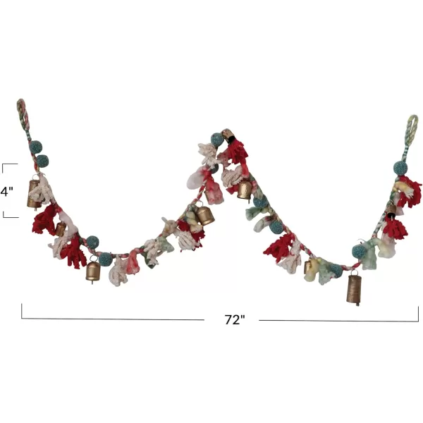 imageCreative CoOp Handmade Wool and Cotton Blend Garland with Pom Poms and Metal Bells Multicolor and Antique Gold Finish