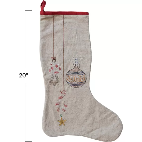imageCreative CoOp Multicolor Cotton and Linen Stocking with Embroidered Ornaments and Red Edge