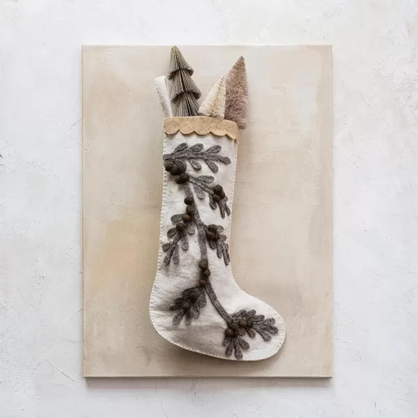 imageCreative CoOp Multicolor Handmade Wool Felt Stocking with Appliqued Branch Poms and Scalloped Trim