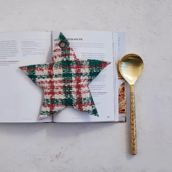 imageCreative CoOp Plaid Woven Cotton Star Shaped Pot Holder Cream Color Green and Red