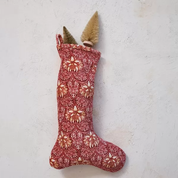imageCreative CoOp Red and Gold Cotton Velvet Printed Stocking with Floral Pattern Color