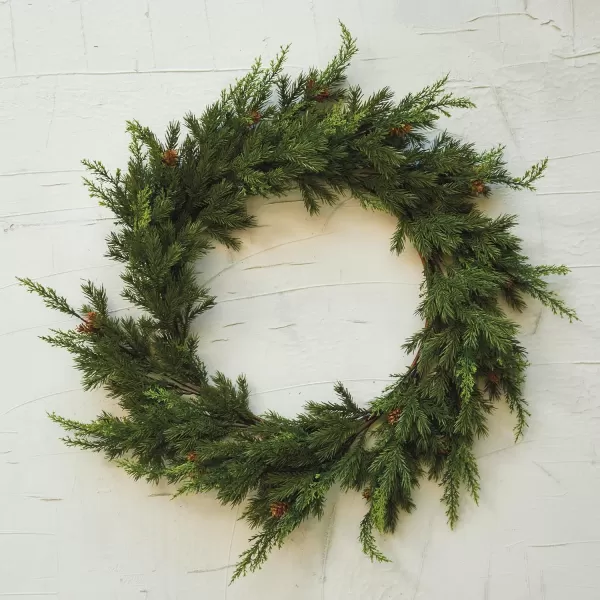 imageCreative CoOp Round Faux Atlas Cedar Wreath with Natural Pinecones Green